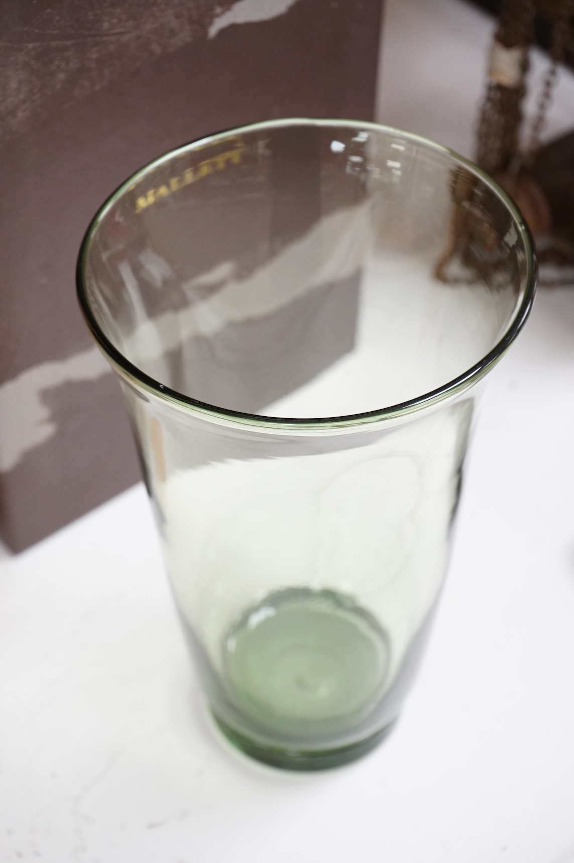 A sea green glass vase designed by James Hogan for Whitefriars in Mallet box, 25cm high